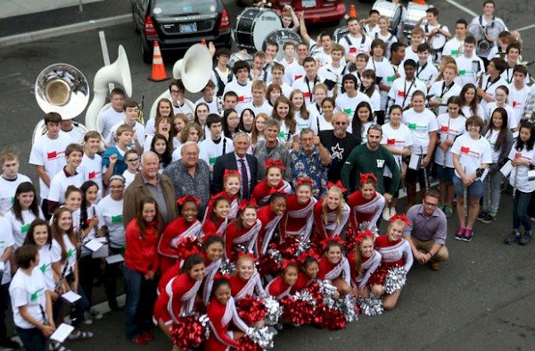 Mayor Charlie Hales and The Kingsmen amongst a sea of Lincoln, Wilson and David Douglas High School students on Louie Louie Day in 2013