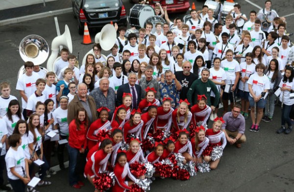 Mayor Charlie Hales and The Kingsmen amongst a sea of Lincoln, Wilson, and David Douglas High School students on Louie Louie Day in 2013