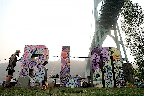 A Black Lives Matter art installation beneath the St. Johns Bridge in Cathedral Park at the Labor Day rally: Photo by Tojo Andrianarivo