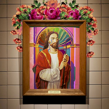 The original paint-by-numbers Jesus photographed by Ben Herndon, collaged and colored by Enlightenment Barbie, and plaqued by James Engerbretson