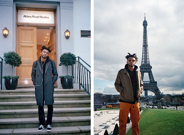 Aminé on the front steps of Abbey Road Studios in London, February 2017 (left); Paris, France, February 2017 (right)